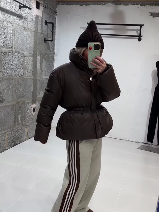 Glossy Stand‑Collar Drawstring Waist Back Zip‑Up Puffer Coat 2026 Winter Women Warm Padded Jacket Trendy Lady Cotton‑Padded Coat