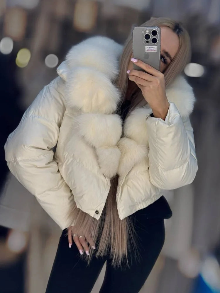 Women Cropped Puffer Jacket Long Sleeve Big Faux Fur Collar Snap Button Warm Winter Outerwear Fashion Casual Party Short Coat