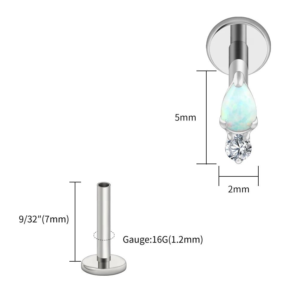 Right Grand ASTM F136 Titanium Teardrop Opal Cartilage Earring 16G Tiny Round CZ Forward Helix Labret Stud Piercing Jewelry