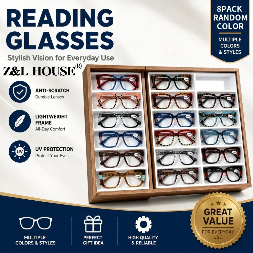 8 Pack Value Unisex Reading Glasses Random Mixed Colors Light Comfort Fashion Readers Eyeglasses Multi-Scenario Daily Use