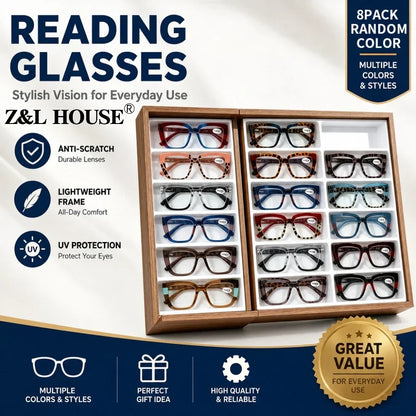 8 Pack Value Unisex Reading Glasses Random Mixed Colors Light Comfort Fashion Readers Eyeglasses Multi-Scenario Daily Use
