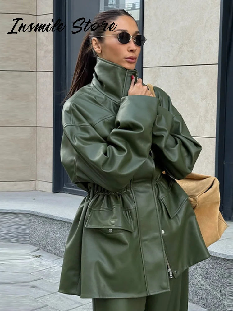Street Waist Cinched Women's Leather Jacket Vintage Drawstring Stand Neck Zipper Pocket Jackets 2026 Autumn Moto Biker Outwear