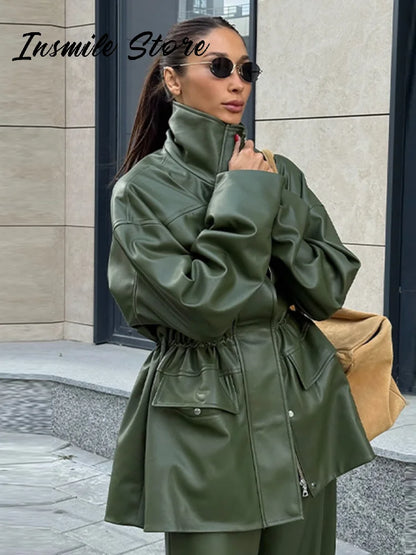 Street Waist Cinched Women's Leather Jacket Vintage Drawstring Stand Neck Zipper Pocket Jackets 2026 Autumn Moto Biker Outwear