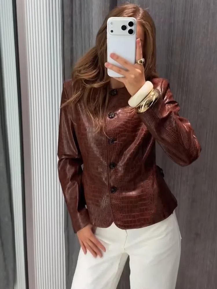 Croc Embossed Faux Leather Jacket Round Neck Button Front Long Sleeve 2026 Autumn Women Chic Date Outfit Street Trendy Outerwear