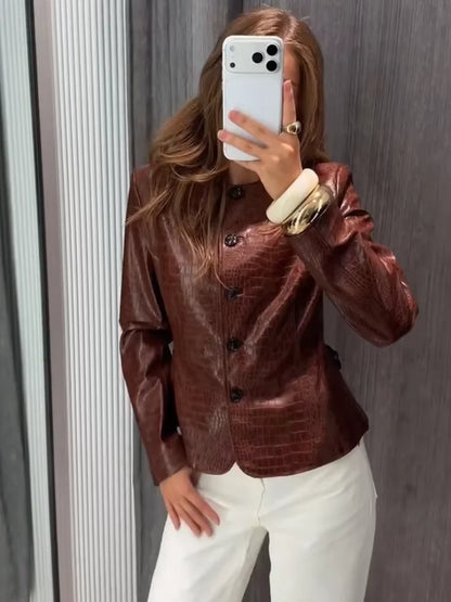 Croc Embossed Faux Leather Jacket Round Neck Button Front Long Sleeve 2026 Autumn Women Chic Date Outfit Street Trendy Outerwear