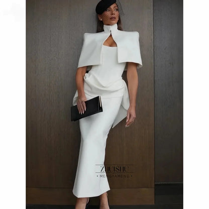 Vintage Wedding Guest Dress with Cape Elegant White Party Evening Gowns Mermaid White Cocktail Dresses Ankle-length Customized