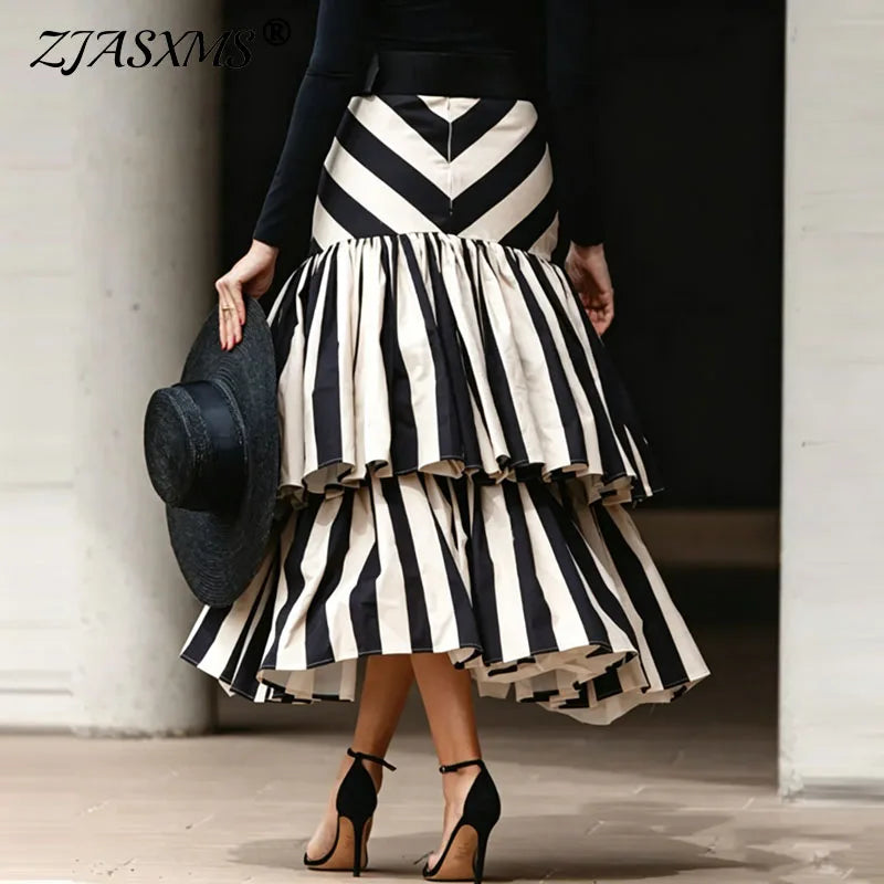 Women Black White Striped Long Skirt High Waist Asymmetric Tiered Ruffle Skirt Irregular Swing Flowy Casual Fashion A Line Skirt