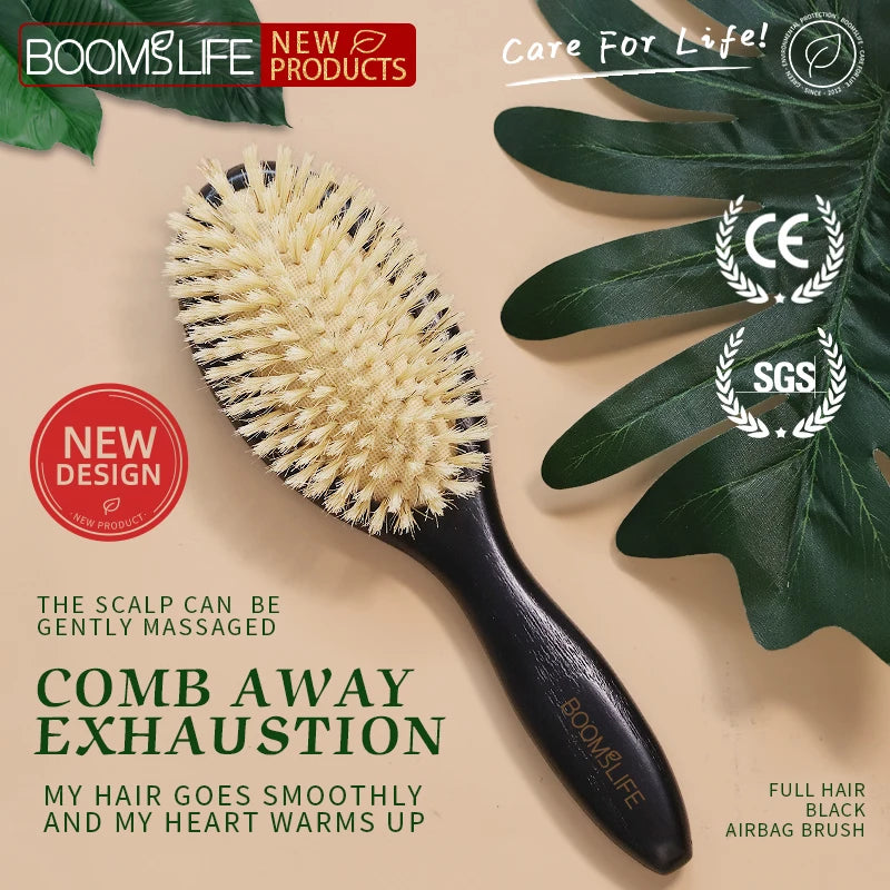 Personalized Boar Bristles Hair Brush Black Color Anti Static Massage HairBrush USA Oak Wood Hair Comb For Long Short Hair Care