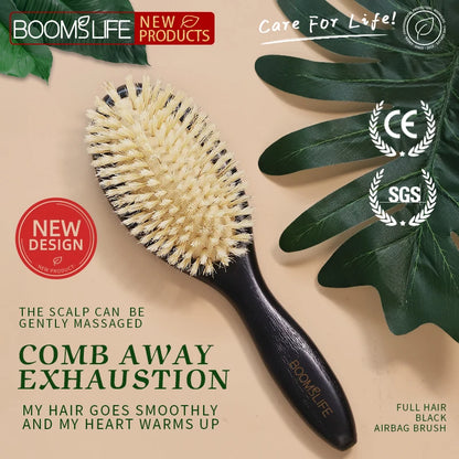 Personalized Boar Bristles Hair Brush Black Color Anti Static Massage HairBrush USA Oak Wood Hair Comb For Long Short Hair Care