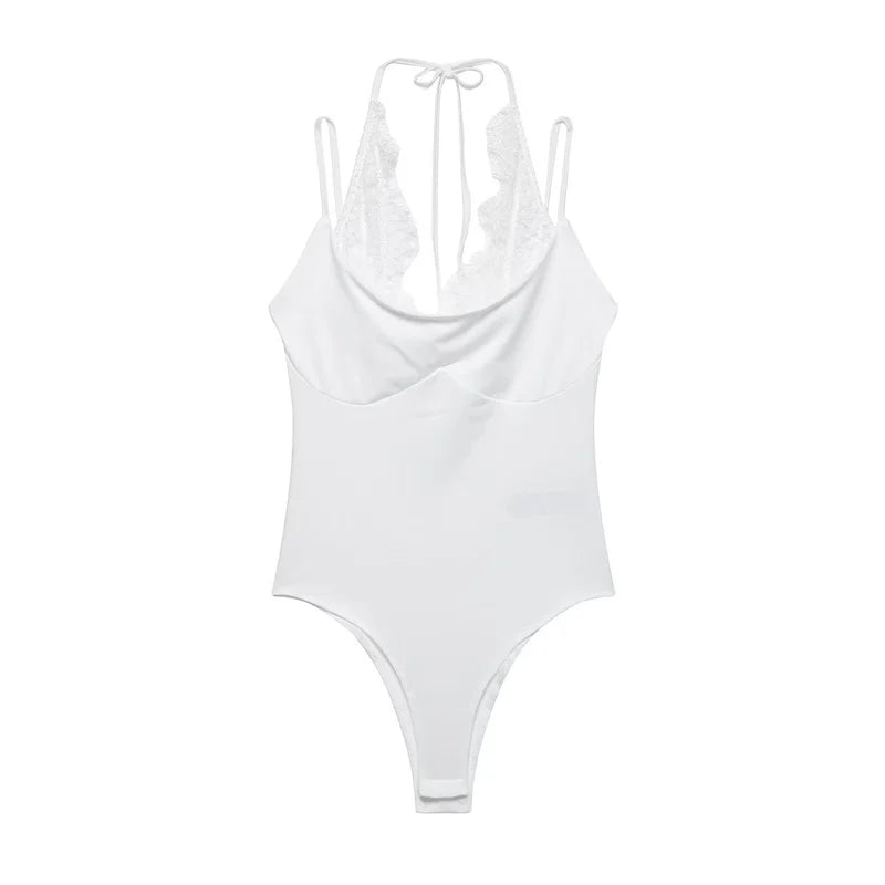 Women's Bodysuit 2026 New Fashion Spring Summer Brown Spliced Lace Bodysuit for Women Chic Personality Spaghetti Strap Bodysuit