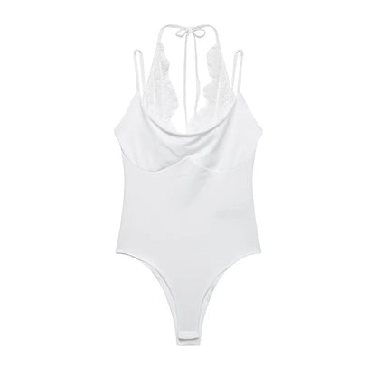 Women's Bodysuit 2026 New Fashion Spring Summer Brown Spliced Lace Bodysuit for Women Chic Personality Spaghetti Strap Bodysuit