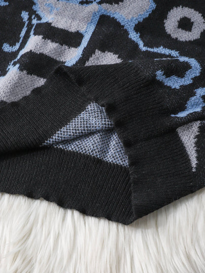 Autumn and Winter Abstract Cat Jacquard Double-Sided Pattern Pullover Sweater Casual Round-Neck Knit Men's Pullover Sweater Suitable for Daily Wear Unisex Outerwear