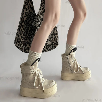 Women's High Top Boots Lace Up Round Toe Heighten Thick Sole Sneakers Trendy Street Fashion Casual Ankle Shoes Zapatos De Mujer