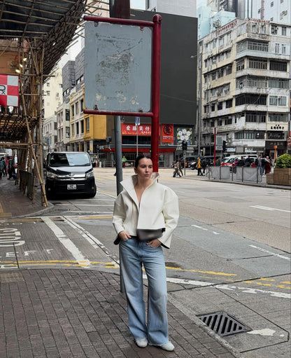 Women Retro Cropped Pu Leather Jacket High Stand Collar Open Front Loose Oversized Long Sleeve Outerwear Street Short Outerwear