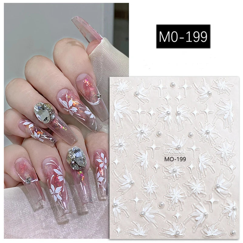 5D Embossed Nail Art Decals Elegant Petals Florals Daisy Flowers Leaves Adhesive Sliders Stickers For Manicure Tips Decoration