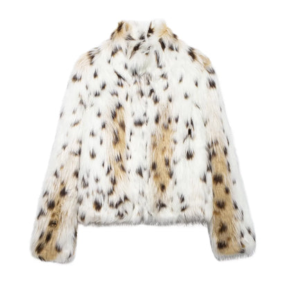 Leopard Print Warm Faux Fur Coat Women Fashion Keep Warm Lapel Collar Long Sleeves Thick Fur Coats Winter New Female Streetwear