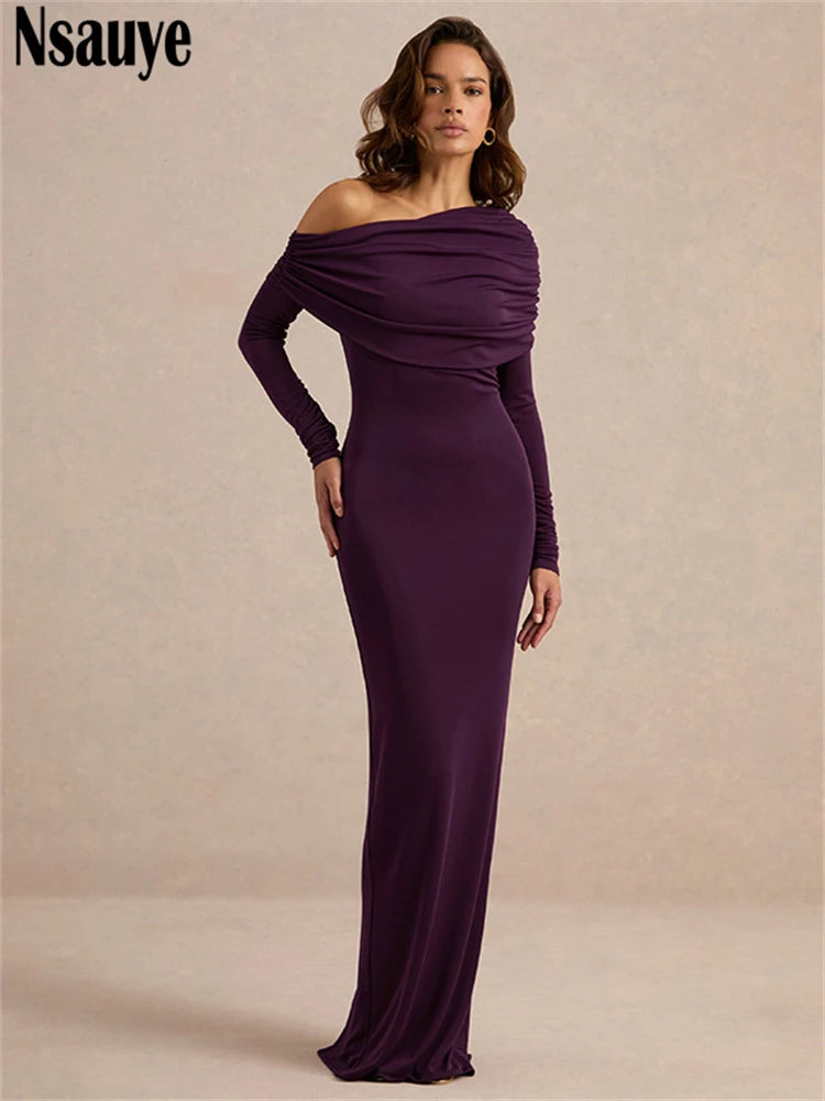 Nsauye Sexy Women Off Shoulder Evening Birthday Party Night Club Maxi Dress Elegant Long Sleeve Fashion Winter Bodycon Dress