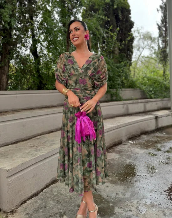 Women Solid Deep V-neck Mesh Long Dress Elegant Puff Short Sleeve Ruched Waist High Vestidos 2026 Summer Lady Casual Street Robe