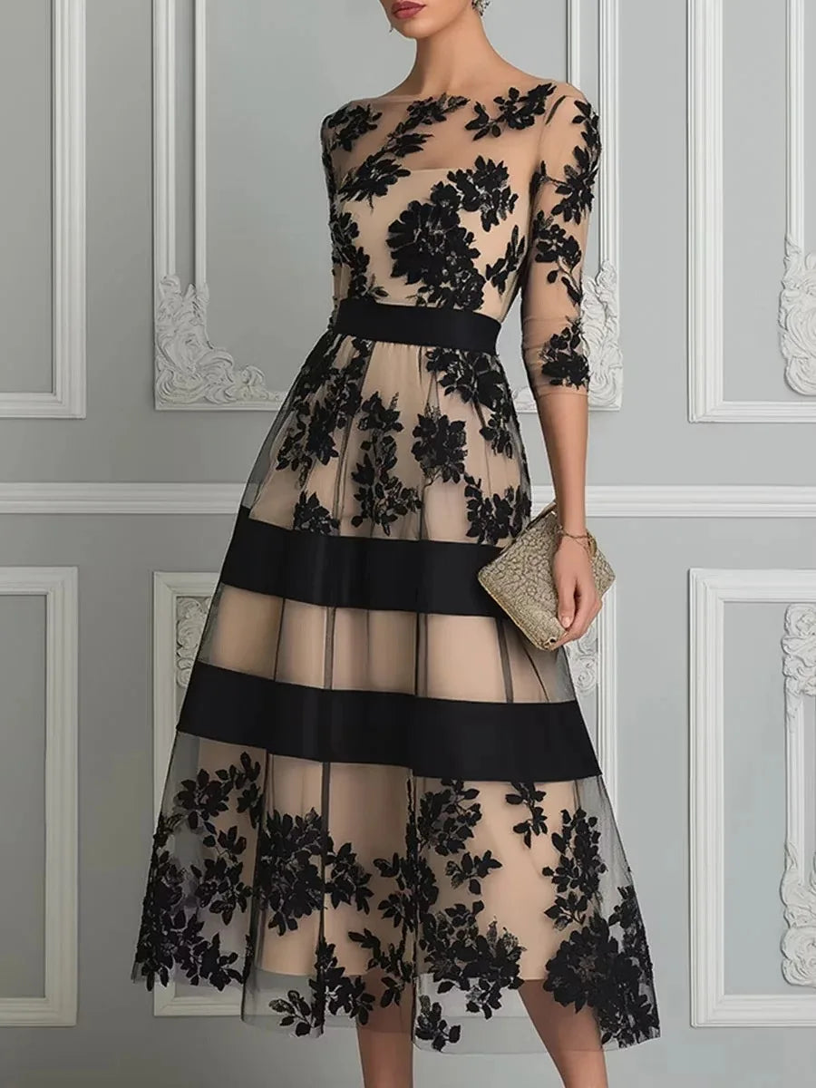 Elegant Women Midi Evening Dress O‑Neck 3/4 Sleeve Black Floral Flocking Tulle Mesh A‑Line Cocktail Party Formal Prom Dresses