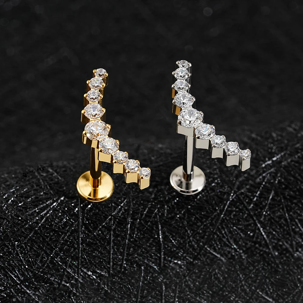 Right Grand ASTM F136 Titanium Arc CZ Cluster Labret Curved Bar Flat Back Stud Earring Helix Cartilage Conch Piercing Jewelry