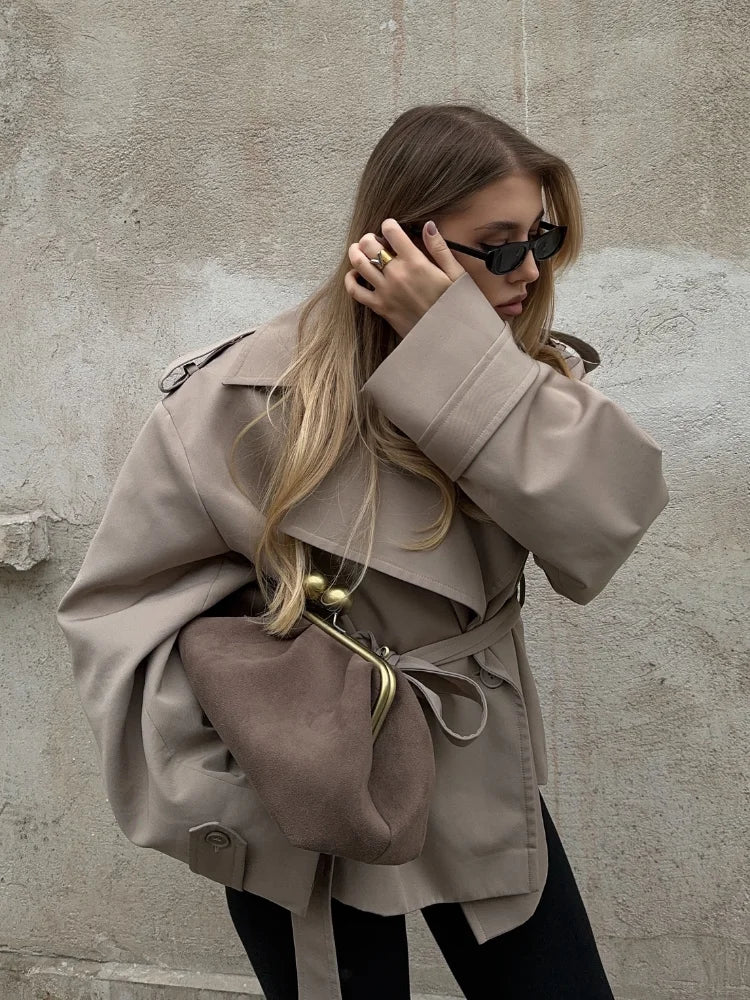 Women's Belted Short Trench-Style Coat