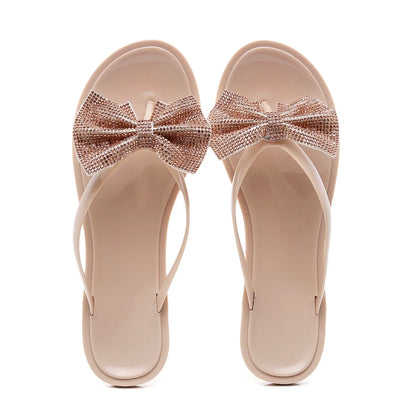 2024 Spring/Summer New Large Size Flip Flops Women Bow Knot Rhinestones Outdoor Leisure Beach Flat Home Sandals/Slippers