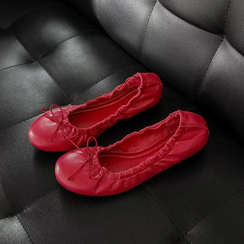 2026 Elegant Retro Red Bowknot Ballet Shoes for Women Soft Flat Loafers for Women's All Match Commuting Footwear Zapatos Mujer
