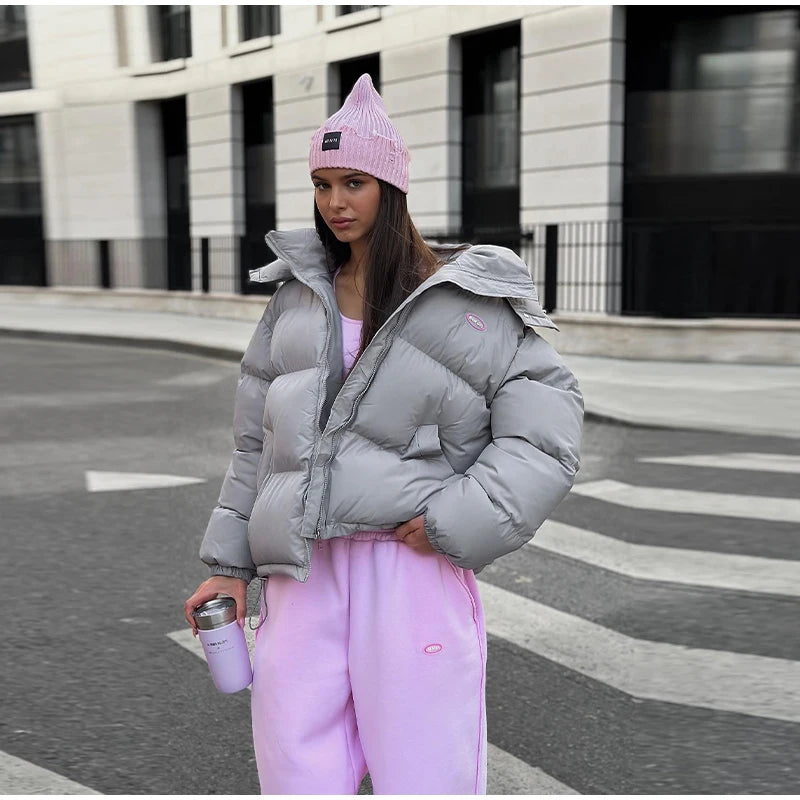 Oversized Puffer Women Jackets Coat Print Hooded Zipper Parka Coats Loose Mid‑Length Warm Winter Outerwear With Big Pockets