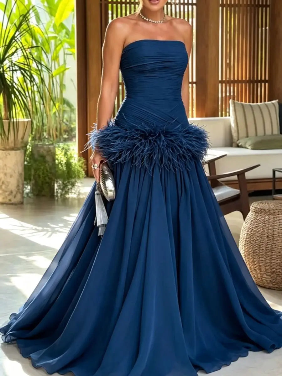 Empire Strapless Sleeveless Evening Gown Wedding Guest Gown Waist Ostrich Feather Trim Back Zip Bridesmaid Dress Custom Color