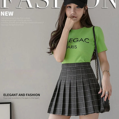 TFETTERS Plaid Pleated Mini Skirt Women Spring Autumn High Waist A Line Short Skirt Vintage Checkered Uniform Skater Skirts