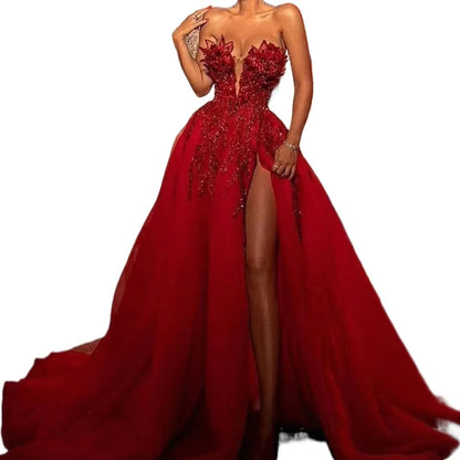 Elegant Women's Evening Maxi Dresses Sexy Backless Off Shoulder Red V Neck Side Slit Glitter Sequins Prom Party Long Dress