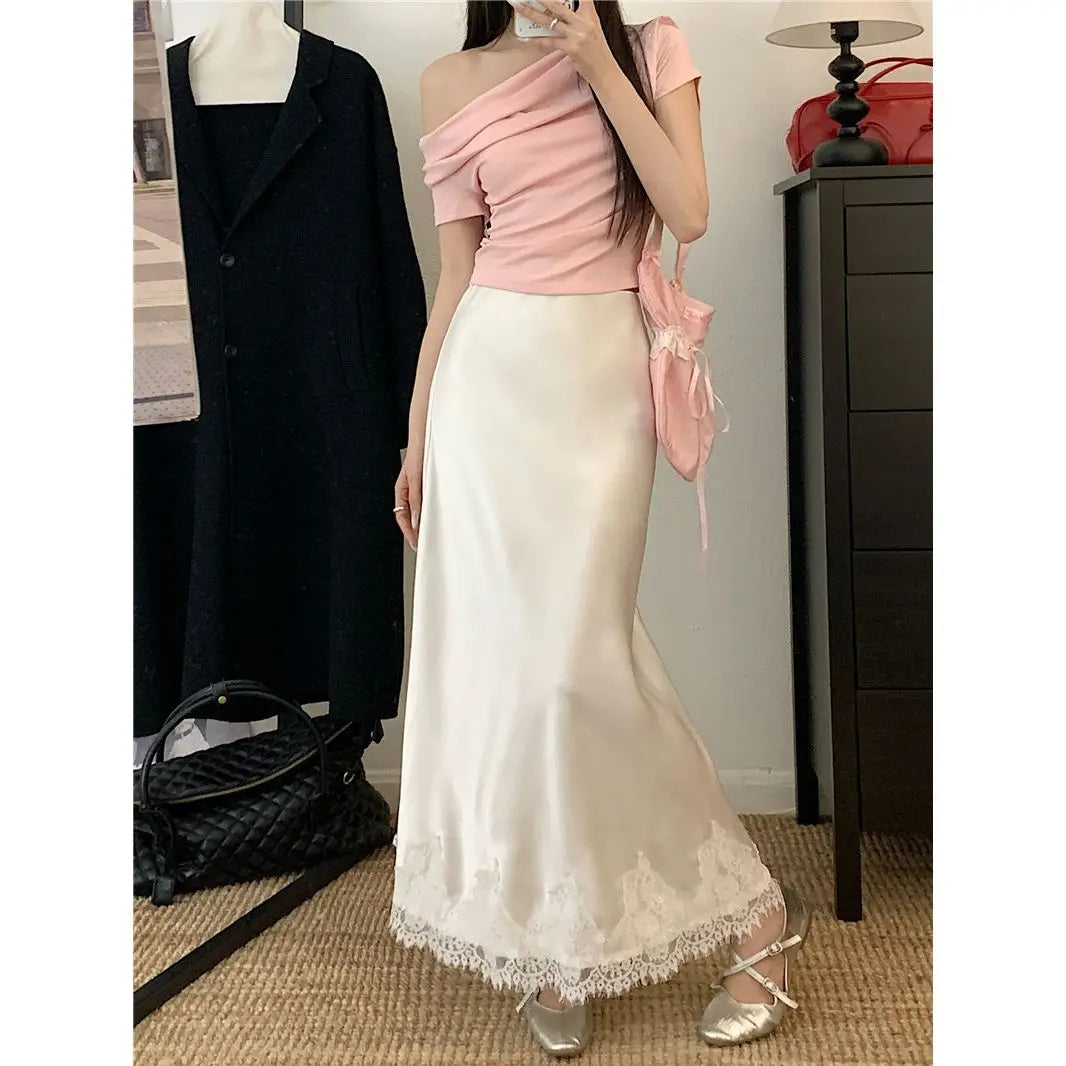 Elegant Long Skirts for Women Summer High Waist Lace Satin Skirt Women's A-line Korean Fashion Solid Color Loose Women's Skirt