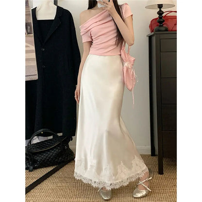 Elegant Long Skirts for Women Summer High Waist Lace Satin Skirt Women's A-line Korean Fashion Solid Color Loose Women's Skirt