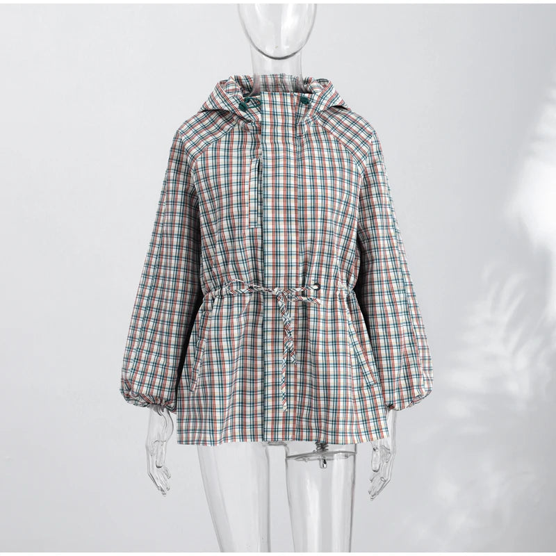 Plaid Women's Outerwear Lapel Double Breasted Trench Coat Belted Raglan Sleeve Jacket French Vintage Style Daily Fashion Wear