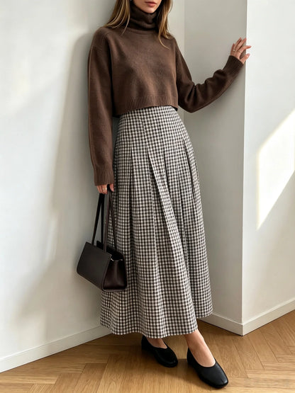 Women Spring Autumn Plaid Midi Skirt,High Waist Pleated A‑Line Long Skirt,Vintage Checkered Flowy Swing Skirts