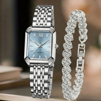 2Pcs/Set Unisex Jewelry Watches Women's Wristwatch Accessories Silver Blue Fashion Trendy Business Elegant Classic Exquisite Retro Light Luxury Rhinestone Luxury Bracelet Watch Set Suitable for Travel, Daily Outfits, Y2K Perf