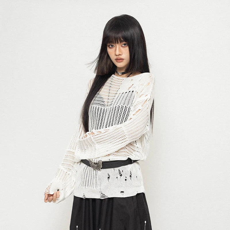 Y2K Hollow Out Knitted Pullovers Women Korean Harajuku Oversized Sweater Summer Sexy Slash Collar Long Sleeve Sunscreen Jumper