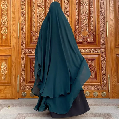 Two Layer Chiffon Extra Long Khimar Niqab Eid Ramadan Muslim Women Islamic Clothing Prayer Garment Overhead Abaya Dress Kaftan