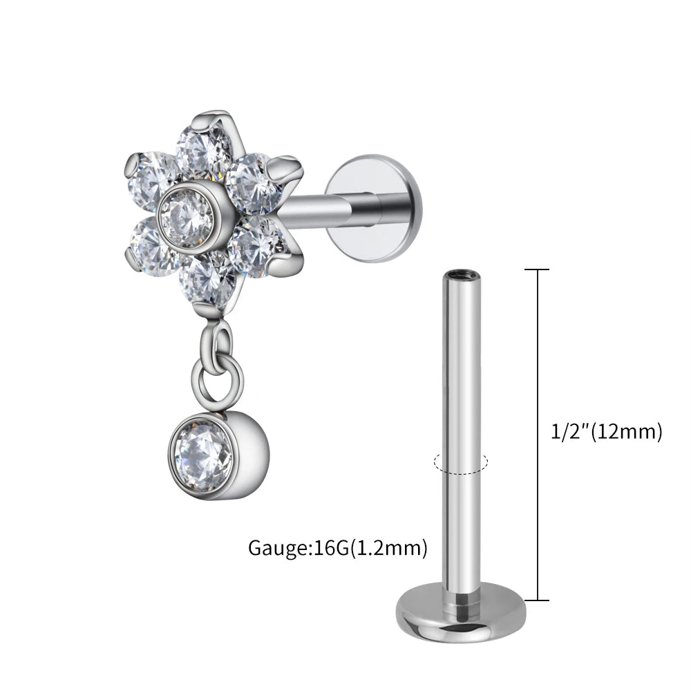 Right Grand ASTM F136 Titanium 16G Flower CZ Drop Dangle Flat Earring Tragus Helix Lobe Stud Piercing Jewelry