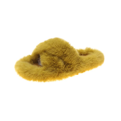 Fashion One Word Thick Fur Slippers Double Fur Slippers Casual Home Cotton Shoes for Women Flat Plush Cross Straps Slippers2025
