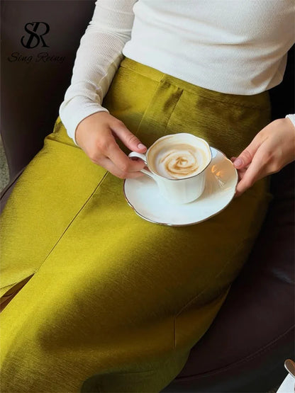 SINGREINY Classy Green Satin Long Straight Skirt Women Slim High Waist Office Lady 2026 Autumn French Chic Sexy Split Mid Skirts