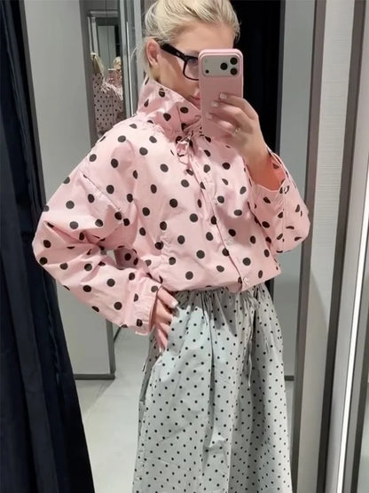 HH Woman Long Sleeve Pink Polka Dot Jacket Fashion Single Breasted High Collar Short Coat Women Spring Casual High Street Jacket