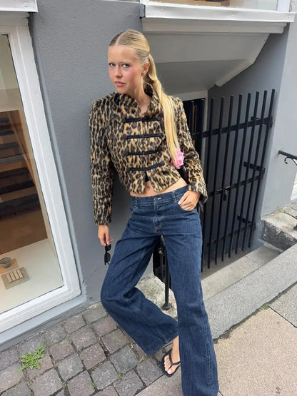 Women Leopard Print Faux Fur Jacket Mandarin Collar Chinese Frog Closure Cropped Vintage Y2K Slim Fit Coat Ladies Outerwear