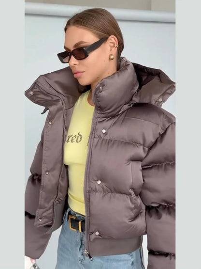 Detachable Sleeves Padded Coats Women's Hooded Zipper Pockets Stand Collar Thicken Jackets 2026 New Ladies Winter Solid Outwear
