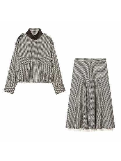 Women Spring Skirt Suit Elegant Women Single Breasted Plaid Pilot Jacket+Side Zipper Splicing Pleated Midi Dress Lady Suit