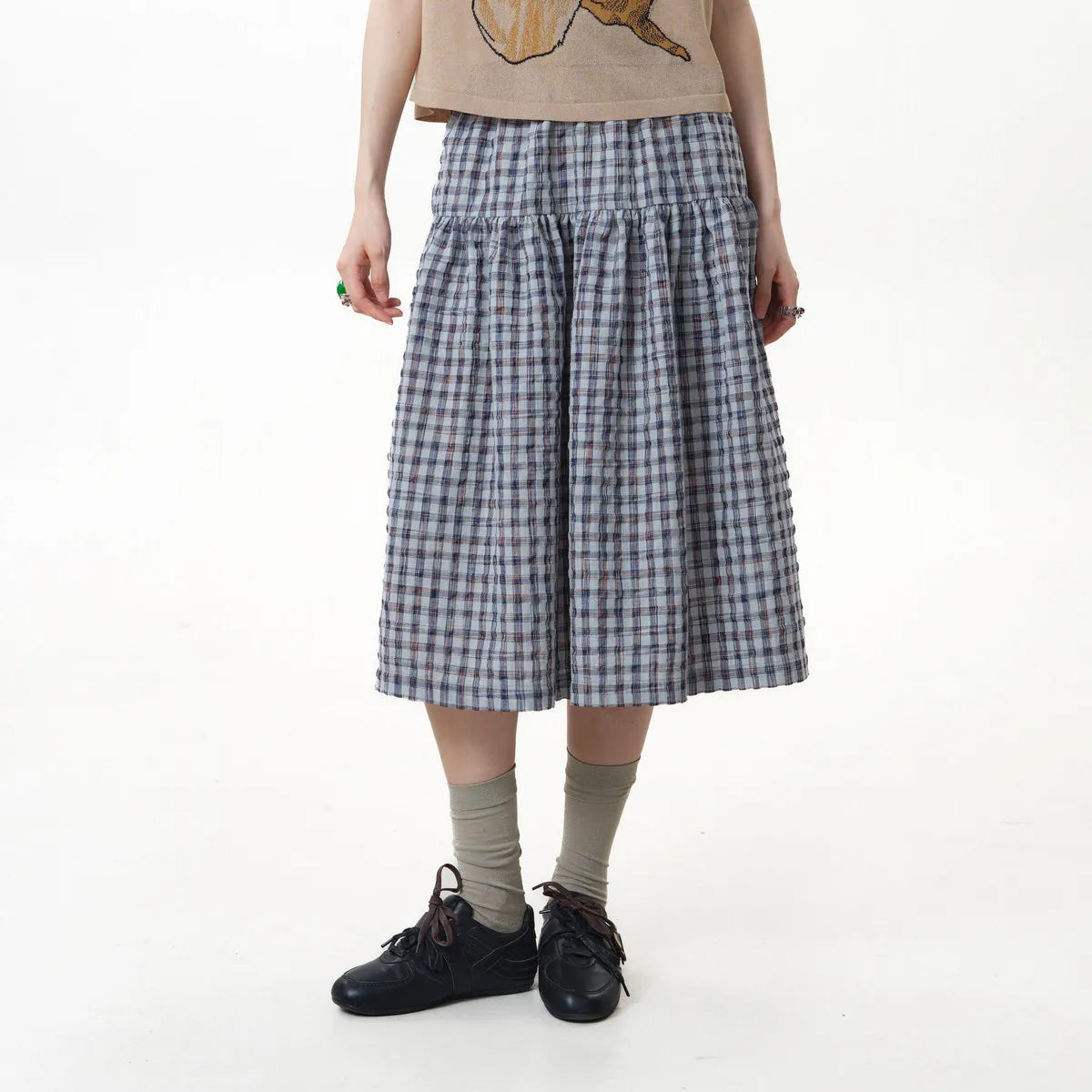 MOVEUP Casual Plaid Skirt 2026 Summer New Elastic Waistband Pocket Commuting Pleated Patchwork Loose A-Line Skirt 3ELX20627