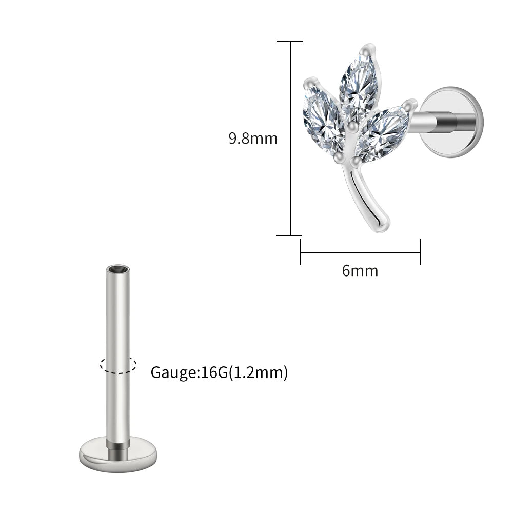 Right Grand ASTM F136 Titanium Triple Marquise CZ Cartilage Earring 16G Dainty Leaf Helix Tragus Stud Ear Piercing Jewelry
