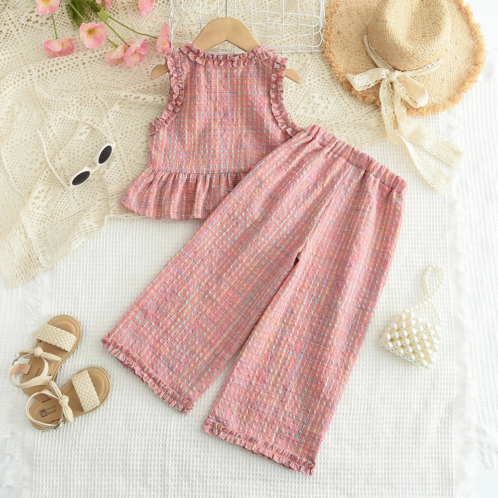 Bear Leader Summer Kids Fashion Outfits Girls Clothing Sets Pink Plaid Sleeveless Top + Wide Leg Pants Lace Two-piece Suits