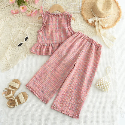 Bear Leader Summer Kids Fashion Outfits Girls Clothing Sets Pink Plaid Sleeveless Top + Wide Leg Pants Lace Two-piece Suits
