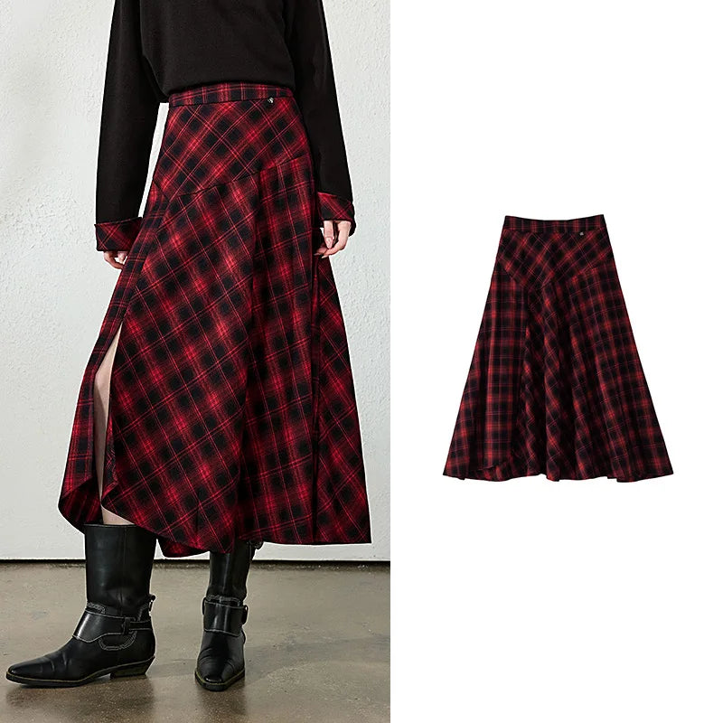 TOYOUTH Womens Midi Skirt 2026 Autumn New Brushed Plaid Irregular Nomadic Style Mid Length Skirt
